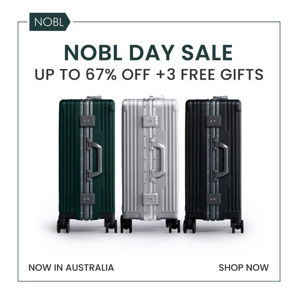 This ad for NOBL luggage features three different colored suitcases along with a promotional offer of up to 67% off plus
