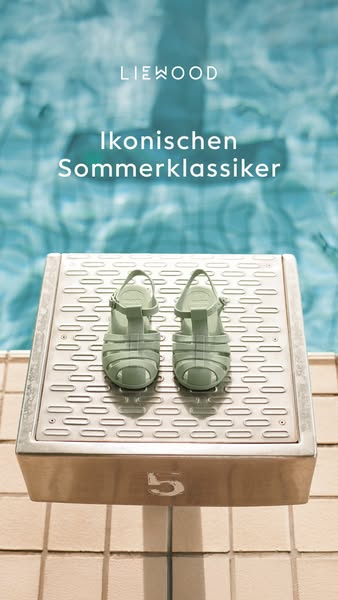This image ad showcases Liewood summer sandals on a metal pool platform with a pool in the background.