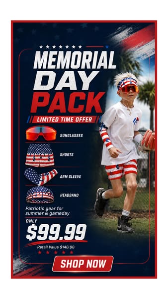 This ad promotes a Memorial Day pack featuring sunglasses, shorts, an arm sleeve, and a headband with a patriotic theme,