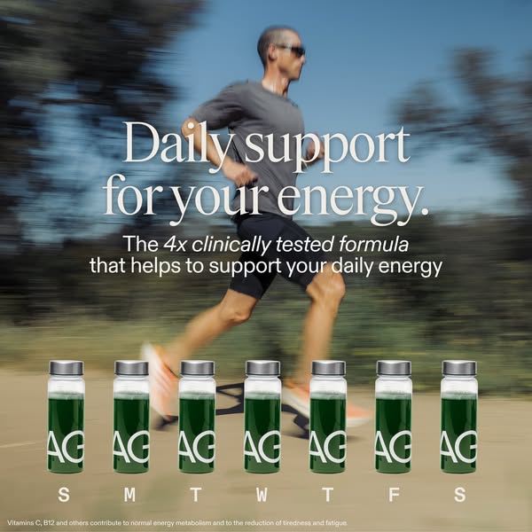 Ad image presents the AG1 product as a daily energy support, featuring a man running outdoors to symbolize an active lif