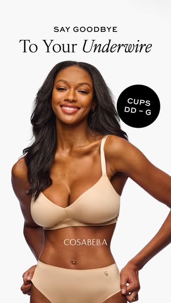 This image ad showcases a woman wearing a beige Cosabella bra and underwear set. The ad emphasizes the comfort of the br