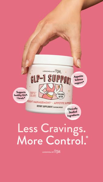 This ad for Legendairy Milk GLP-1 Support supplement uses annotations to point out key product features and benefits. It