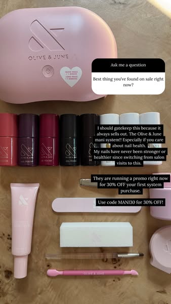 This ad features Olive & June products. The ad is a screenshot of a social media post from a user who recommends the