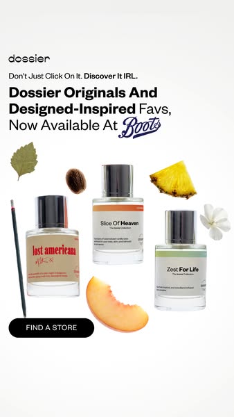 This is an image ad for Dossier perfumes now available at Boots. Three different perfumes are displayed with various fru