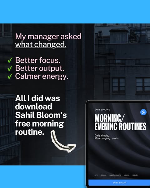 The ad features a testimonial about a manager noticing a change in an employee after the employee downloaded Sahil Bloom
