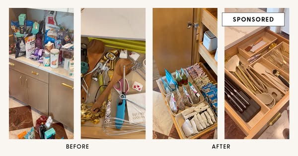 This ad shows a before and after transformation of the kitchen. The left side shows the kitchen before being organized w