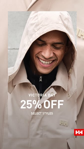 A close up image shows a man wearing a Helly Hansen rain jacket. The ad features a discount for Victoria Day.