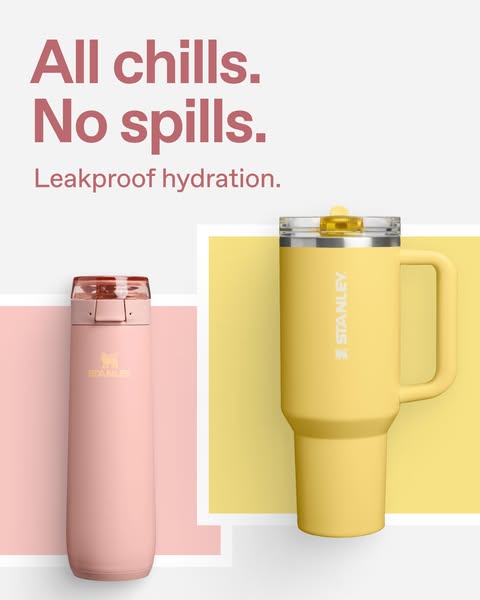 This Stanley image ad features two Stanley drinkware products alongside text that reads, "All chills. No spills. Le