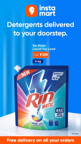 This image ad from Instamart features Rin Matic Liquid Top Load detergent delivered to your doorstep. The ad shows the d