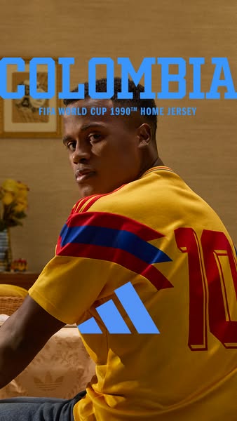 The ad showcases the Adidas Colombia FIFA World Cup 1990™ Home Jersey. The model is seen wearing the jersey, and the ad 
