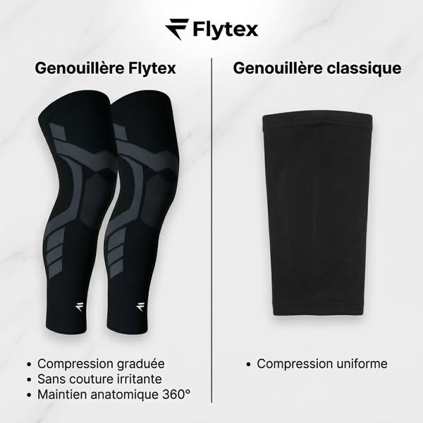 This ad compares Flytex compression knee sleeves to a classic knee sleeve, highlighting the benefits of the Flytex desig