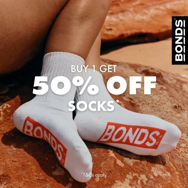 The ad features an image of two Bonds socks with the brand logo and a promotional offer: 'Buy 1 Get 50% Off Socks