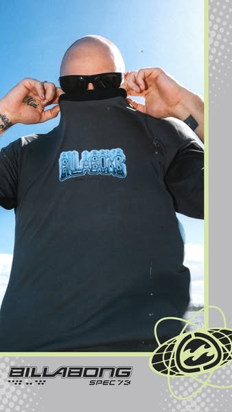 This ad features a surfer wearing a Billabong wetsuit top with the brand’s logo prominently displayed. The ad focuses on