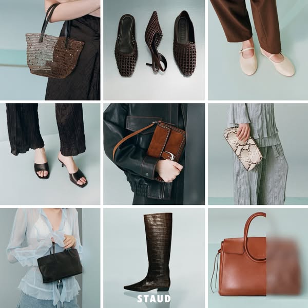 This ad showcases a variety of handbags and shoes from the brand STAUD. The ad features a grid layout with close-up shot