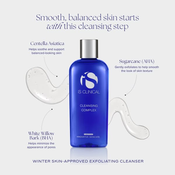 This image ad showcases the iS Clinical Cleansing Complex, emphasizing its key ingredients like Centella Asiatica, Sugar