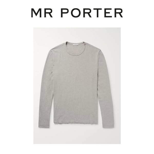 This ad showcases a gray long-sleeve shirt from MR PORTER. The image is a simple product shot against a white background