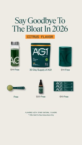This ad promotes AG1, a nutritional supplement, by showcasing its various forms and flavors, including a drink, powder, 