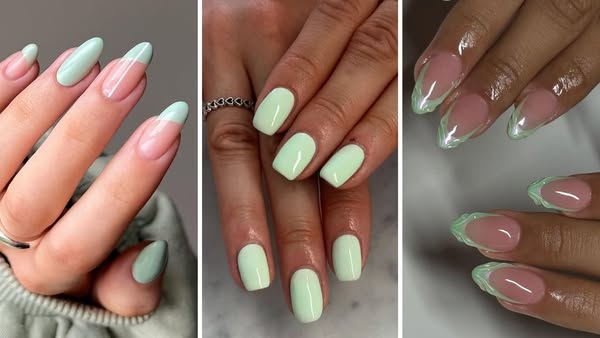 This image ad showcases three variations of a light green nail design. The ad aims to appeal to people interested in nai