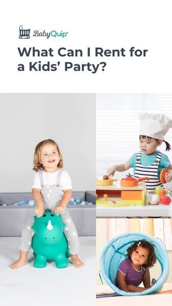 This ad uses a collage of bright, eye-level shots of various children engaging with rentable party items such as a bounc