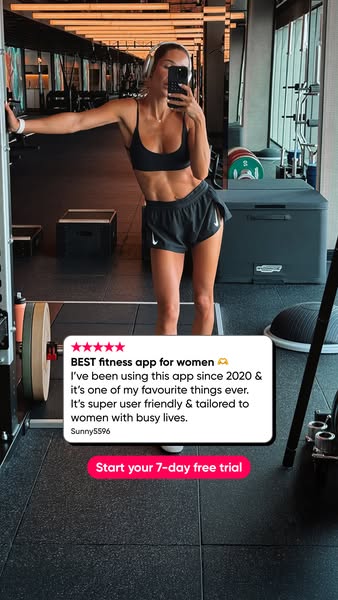 This ad features a testimonial for a fitness app targeted at women, highlighting its user-friendliness and relevance for
