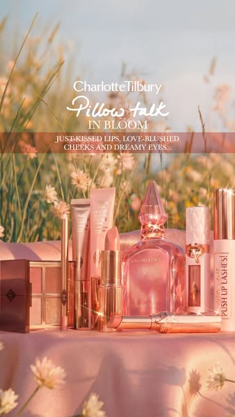 This Charlotte Tilbury ad showcases the Pillow Talk In Bloom collection in a light pink, feminine scene with soft natura