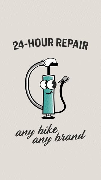 This ad uses a cartoon illustration of a bike pump with a smiling face to advertise 24-hour bike repair services for any