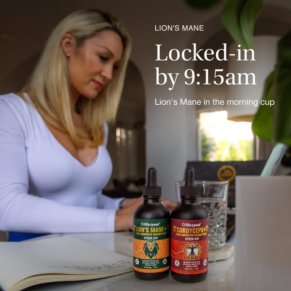 The ad promotes Lion's Mane and Cordyceps supplements from Olife Cykel, emphasizing their benefits for focus and ene