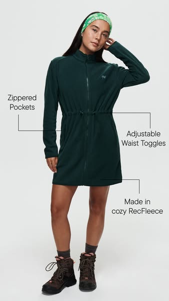 This ad features a woman wearing a green fleece dress. The ad calls out the dress's features, including zippered poc
