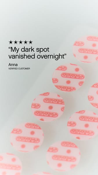 The image promotes Faded dark spot patches with a focus on social proof, featuring a customer testimonial stating that t