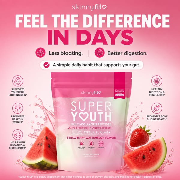 This image ad promotes Skinnyfit Super Youth Multi-Collagen Peptides, highlighting its benefits such as less bloating, b