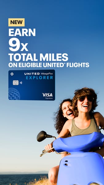 This ad promotes the United MileagePlus Explorer credit card and highlights the benefit of earning 9x total miles on eli