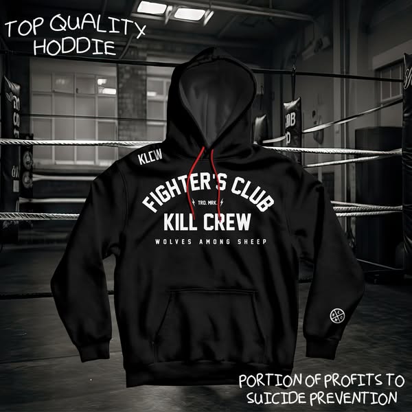 This ad showcases a black hoodie with the words "Fighter's Club Kill Crew" printed on the front. The ad al