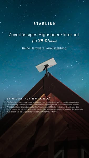 The ad promotes Starlink high-speed internet service in Germany. It features an image of a Starlink satellite dish mount