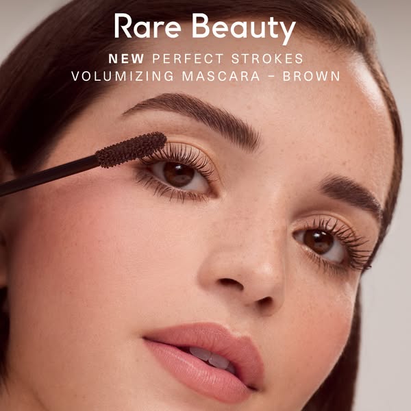 This ad features an extreme close up of a woman applying Rare Beauty mascara. The ad promotes the brown shade of the new