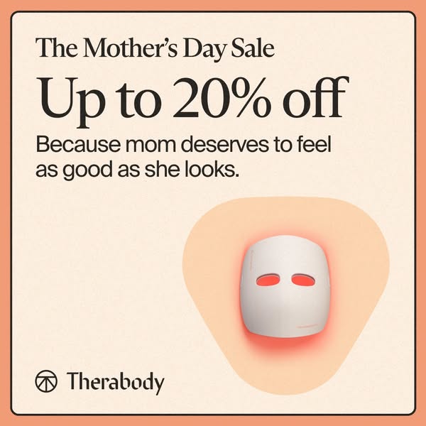 A promotional ad for Therabody featuring a Mother's Day sale of up to 20% off, with a focus on making moms feel as g