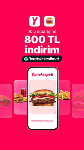 This image ad, featuring a pink and white color scheme, promotes Burger King and Yemeksepeti (a food delivery service). 