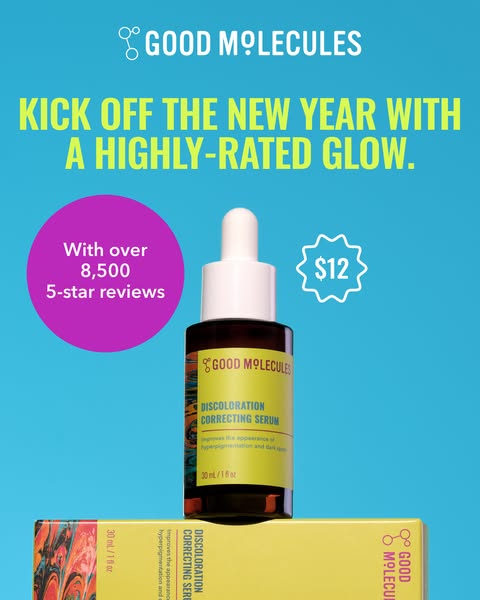 This ad for Good Molecules Discoloration Correcting Serum uses a bright, clean aesthetic to highlight the product's 