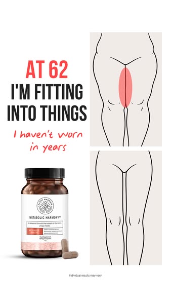 Image ad featuring a testimonial from a 62-year-old woman who is fitting into things she hasn't worn in years. The a