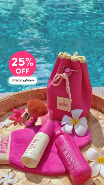 This ad showcases Coco & Eve products, emphasizing a 25% discount and the option to pay with Afterpay. The visual el