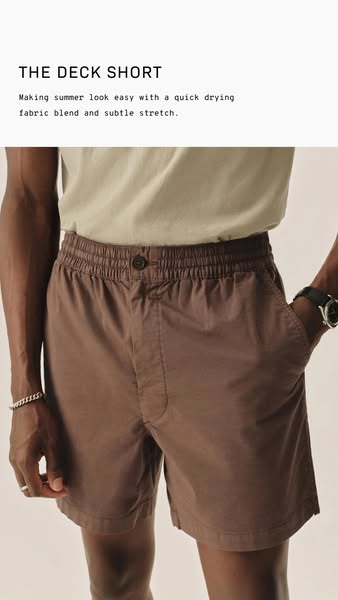 This is a product ad for the Deck Short. The ad focuses on the quick-drying fabric blend and subtle stretch the shorts p