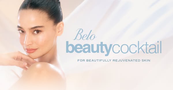 This image ad shows a woman with clear skin who is advertising a Belo Beauty Cocktail product that will result in beauti