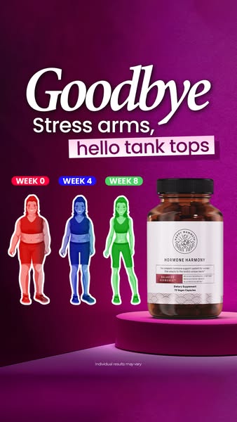 This Meta image ad for Happy Mammoth promotes Hormone Harmony supplements to combat stress arms and achieve a tank top-r