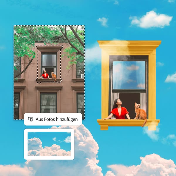 This ad shows a woman and a cat in a window, with a second window being added to the scene using a photo editing tool.