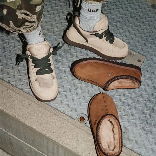 This image shows two UGG shoe styles, a sneaker and a Tasman slipper, that are set on an industrial metal background.