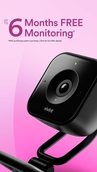 This ad for Vivint promotes an offer of up to 6 months of free monitoring with the purchase of a qualifying system.