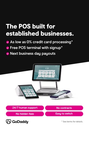 This image ad promotes GoDaddy's POS system for established businesses, highlighting its low credit card processing 