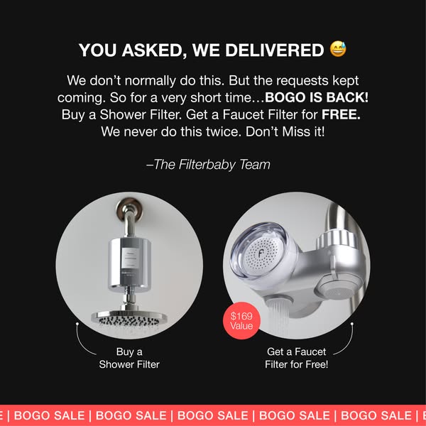 This image ad is promoting a BOGO sale from Filterbaby. When the consumer purchases a shower filter, they will get a fau