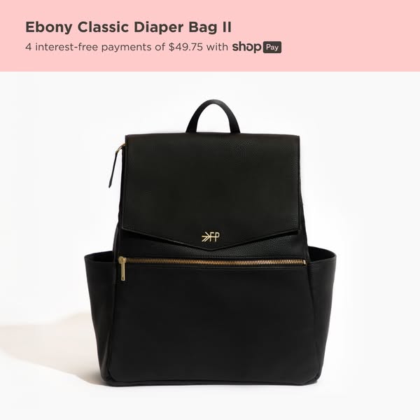 This ad features a stylish black diaper bag with gold accents, emphasizing its availability through interest-free paymen