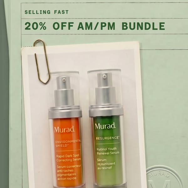 This image ad showcases a 20% off deal on an AM/PM bundle from Murad. The products are presented on a desk-like surface,