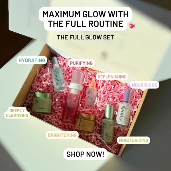 This ad showcases Yepoda's 'Full Glow Set' skincare routine inside a white box with pink crinkle paper to hi